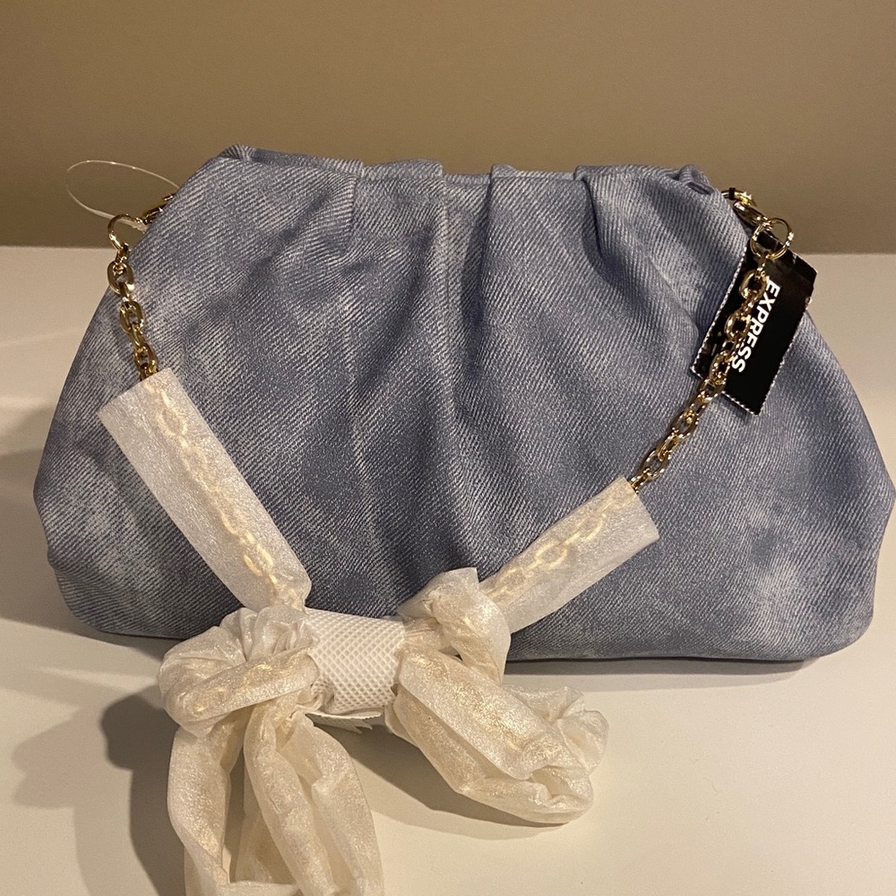 Express Denim Blue Clutch with Gold Chain
